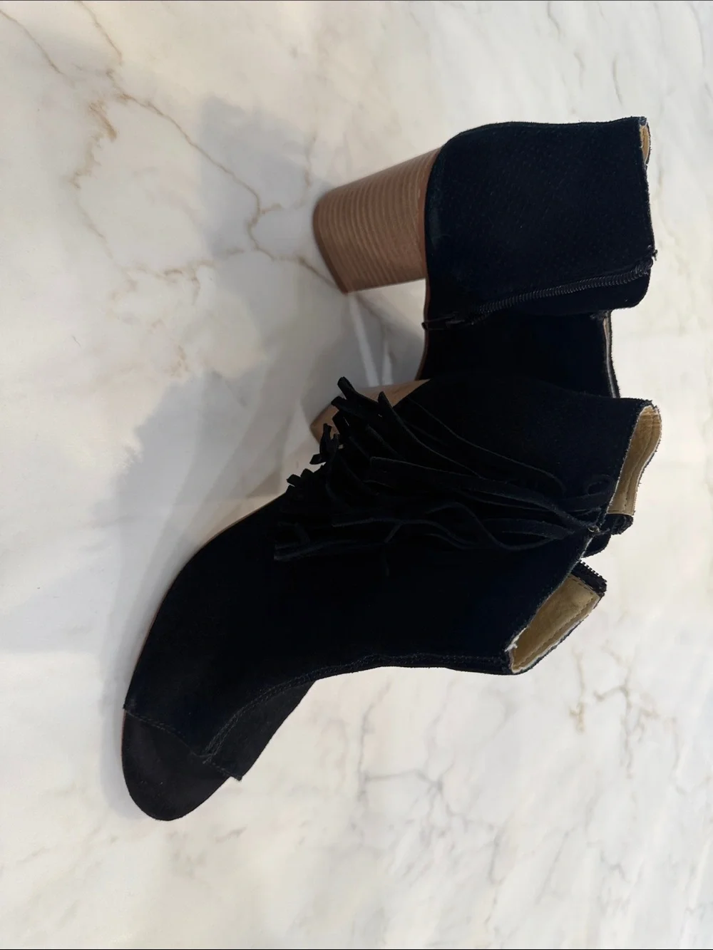 Kensie Black Suede Peep-Toe Fringe Ankle Booties